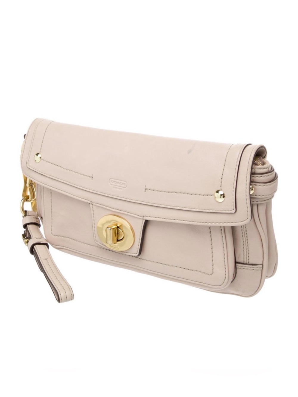 Coach Neutral Leather Turnlock Wristlet Clutch
